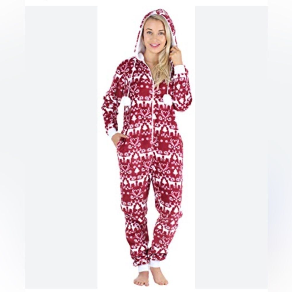 Frankie & Johnny Sherpa Lined Onesie Pajamas XS Red Nordic Reindeer Hooded